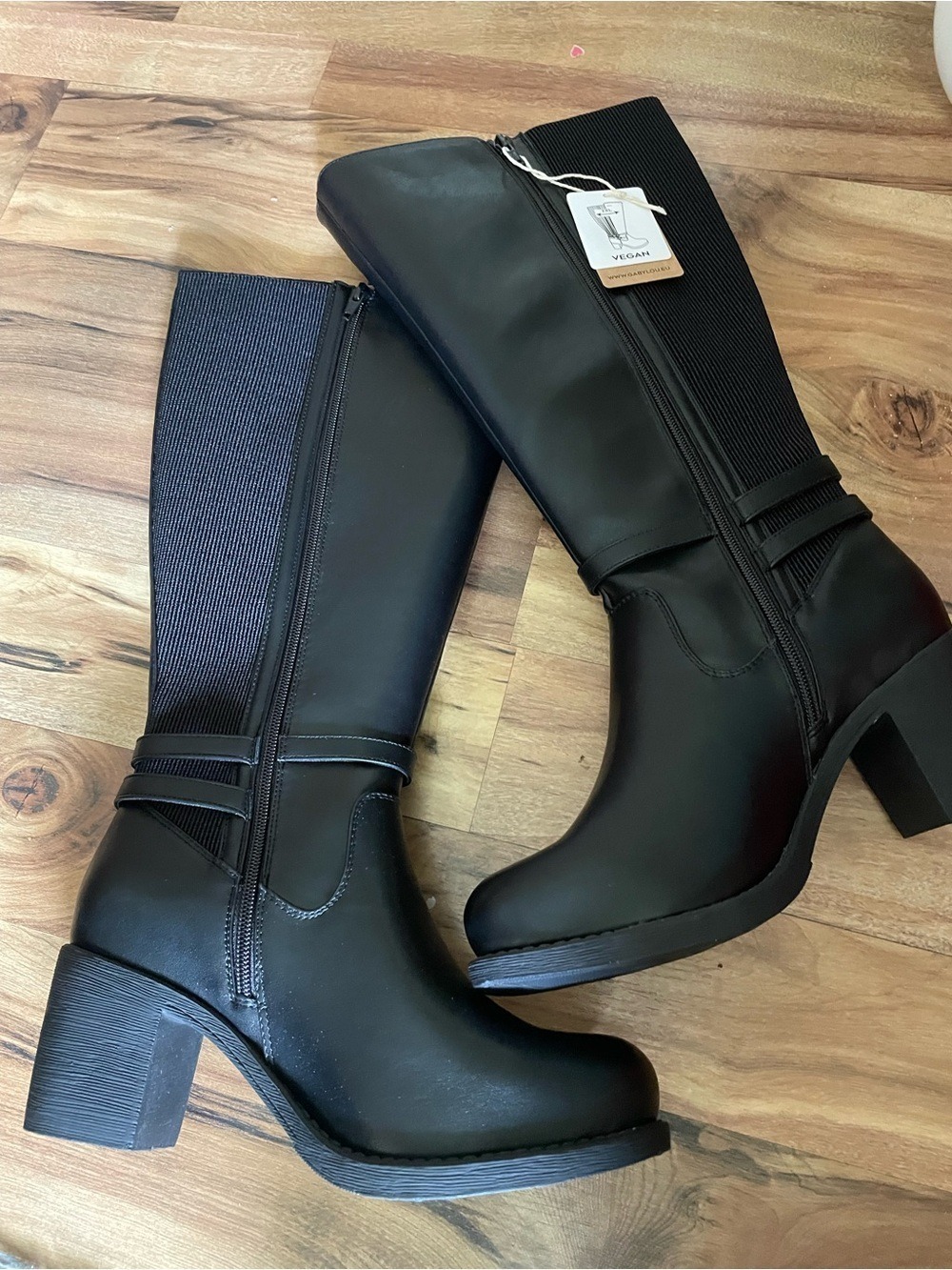 Gabylou Black Knee Boots Vegan Block Heel Women's Size 9 Wide Calf